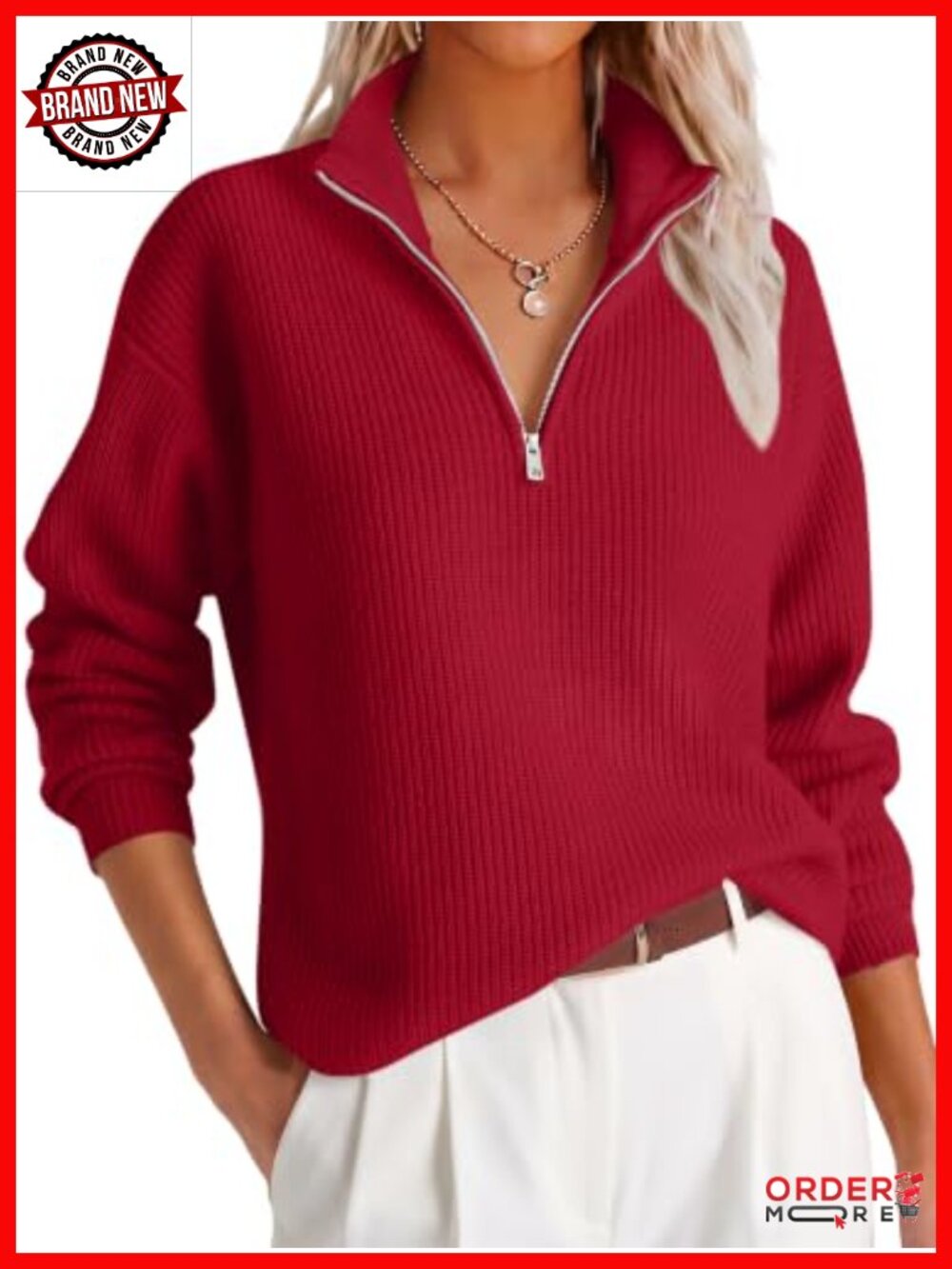 Womens Cropped Quarter Zip Pullover Sweater Loose Knit Fall Winter Top